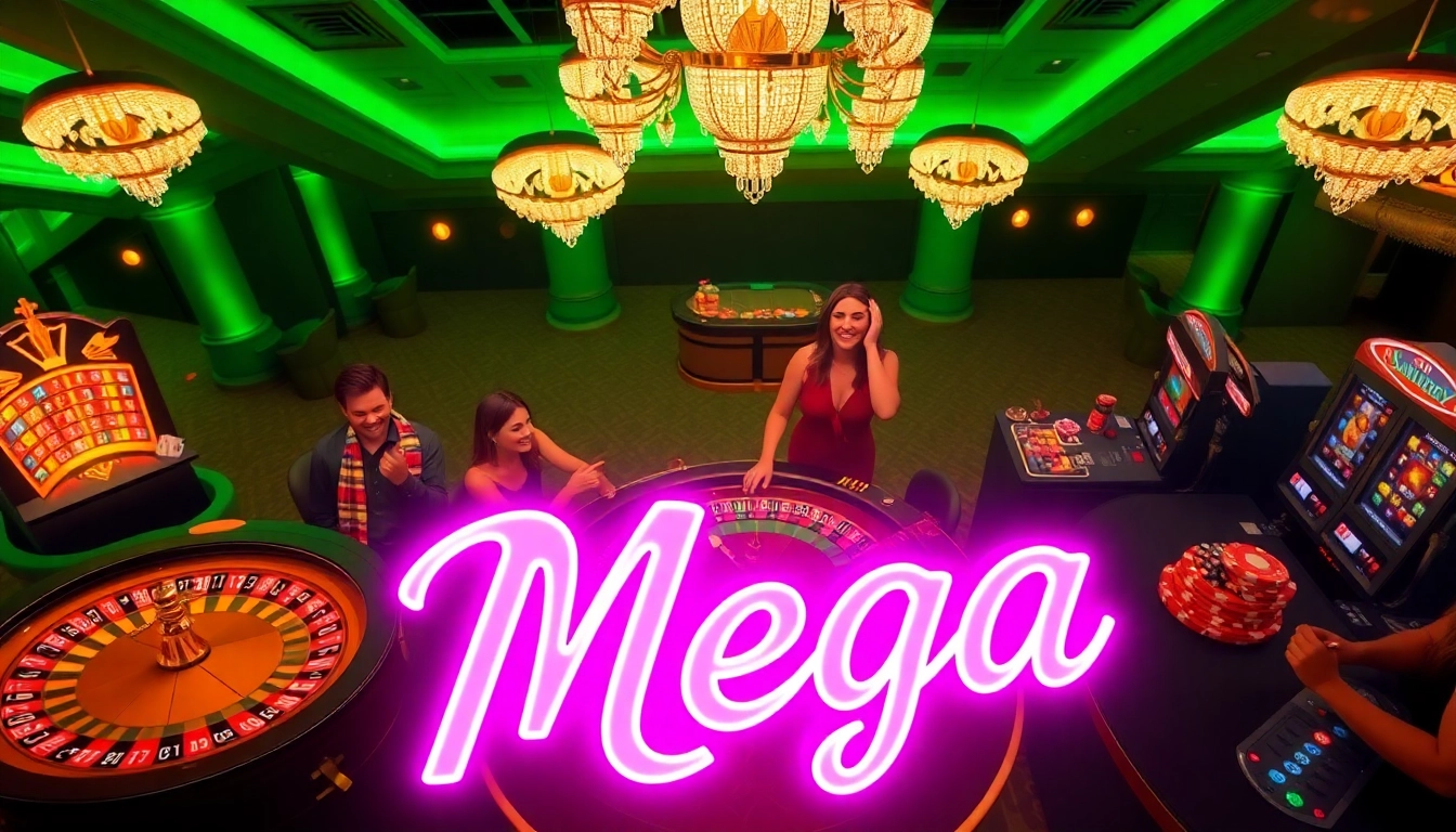 Mega casino scene showcasing players at a roulette table with vibrant poker chips.