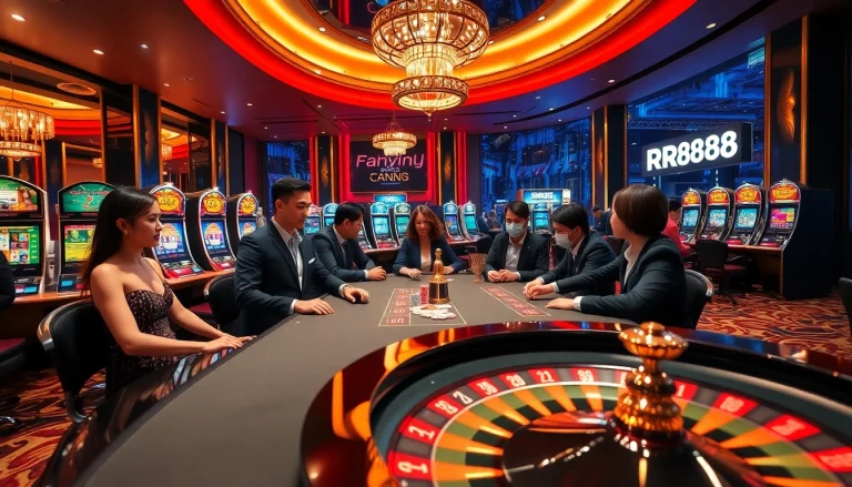 Players enjoying exciting games at RR88 casino, highlighting poker, slots, and roulette activities.