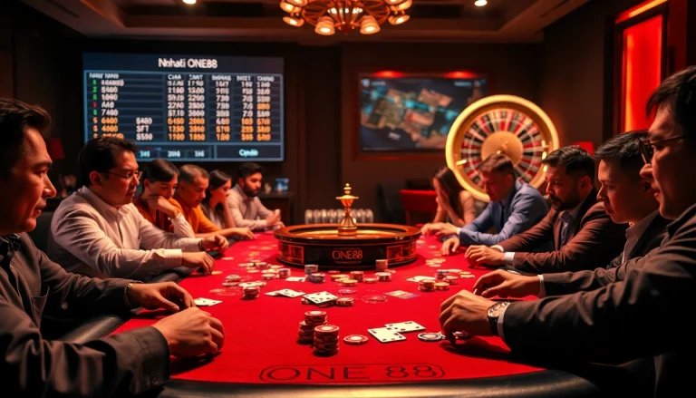 Engaging players at a poker table highlighting Nhà cái ONE88 with vibrant chips and cards.