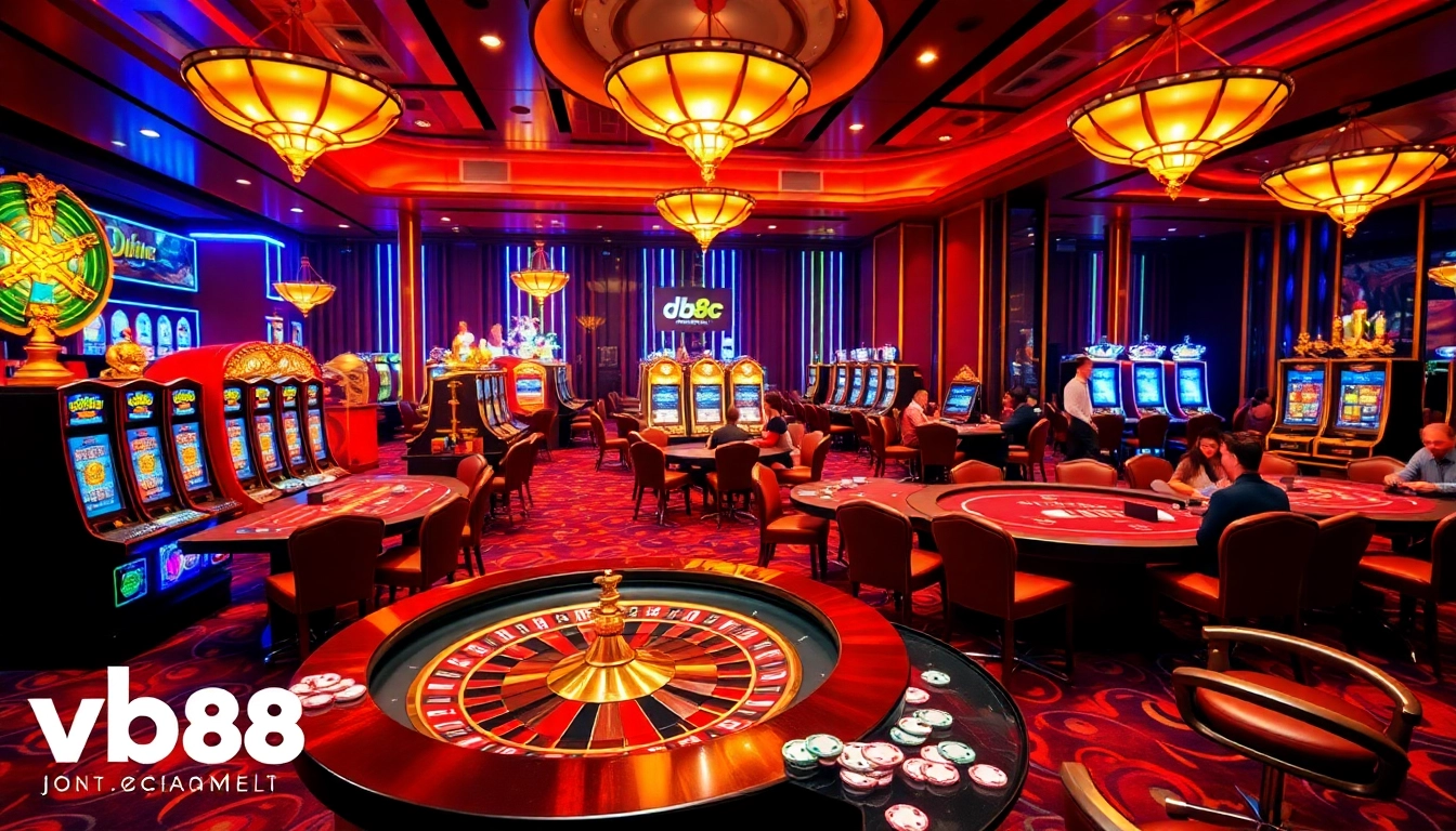 Players winning at the vibrant casino floor of vb88.channel with luxurious tables and slot machines.