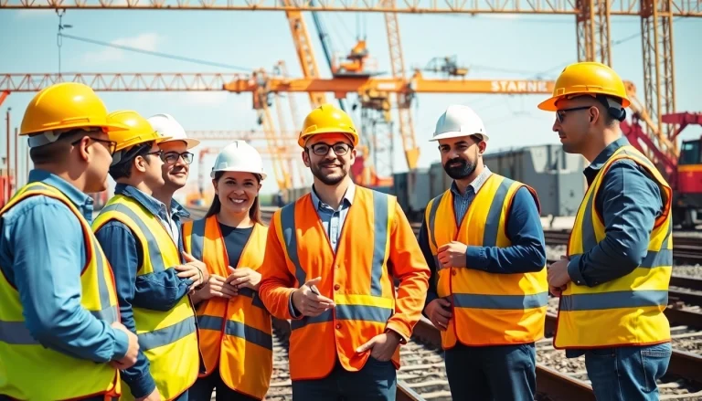 Workers engaged in rail jobs on a construction site, illustrating teamwork and progress.