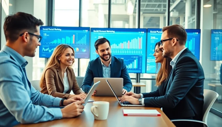 Engaged social media marketing companies edmonton team collaborating on strategies in a modern office.