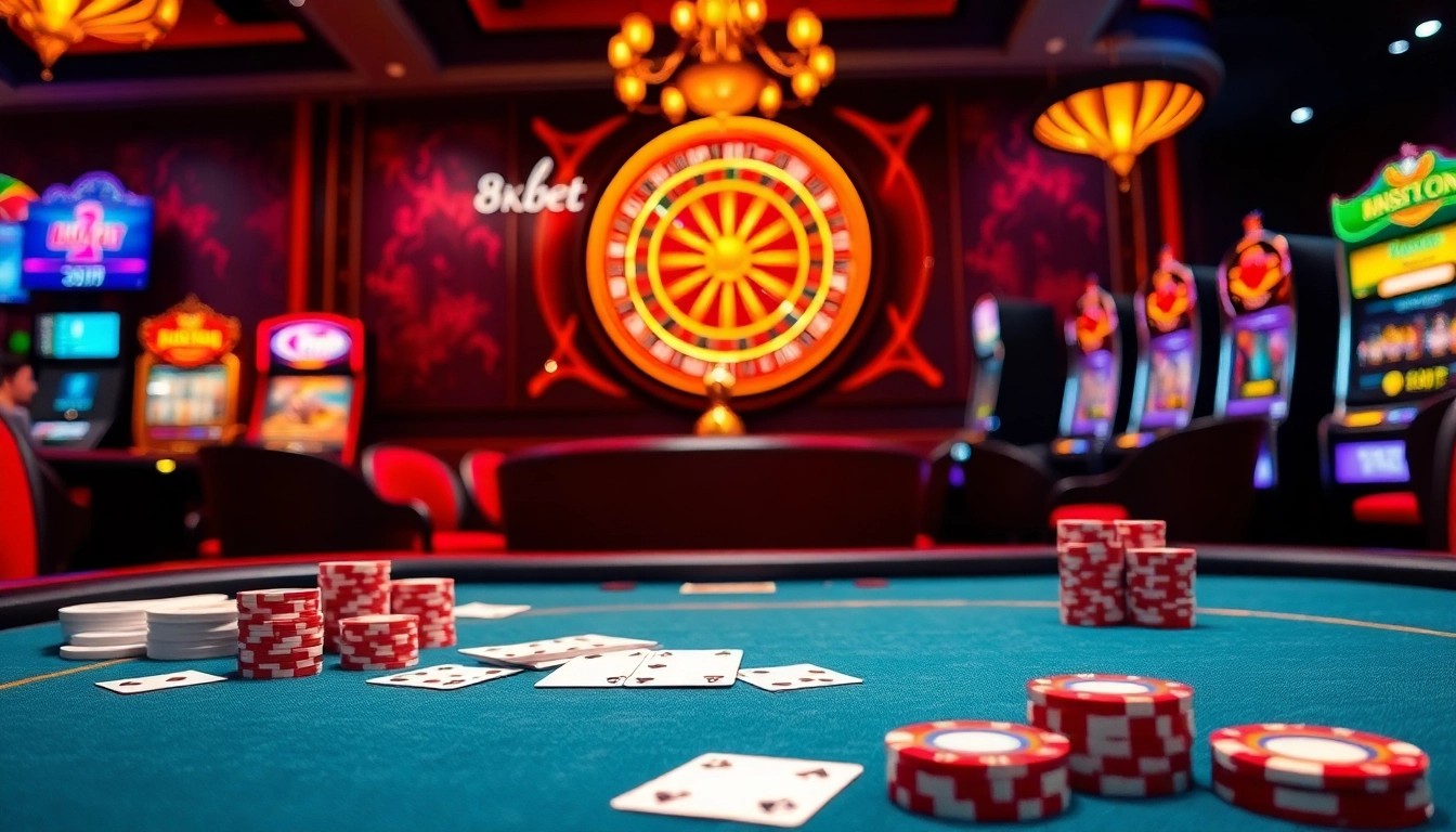 Experience the excitement of 8KBET with luxurious gambling scenes featuring poker and roulette.