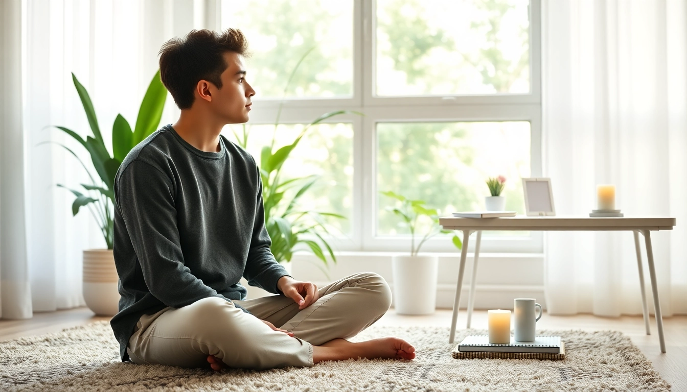 An individual reflecting on anxiety symptoms in a calming therapy setting with soft lighting.