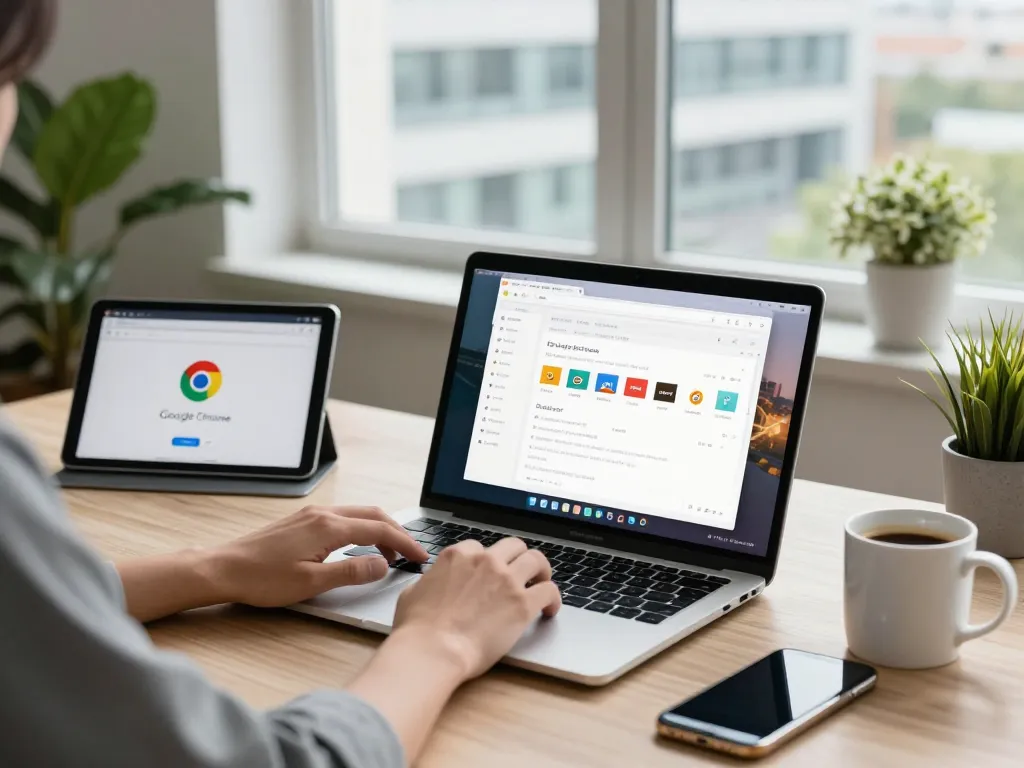 Seamless integration of Google Chrome features in a modern workspace, enhancing productivity and efficiency.