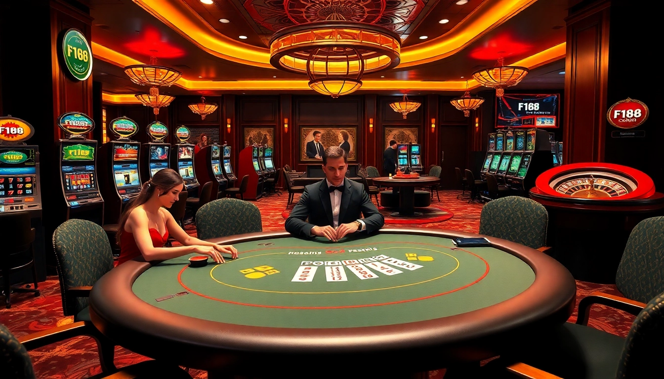 Exciting F168 casino scene with players at a poker table amidst vibrant slot machines.