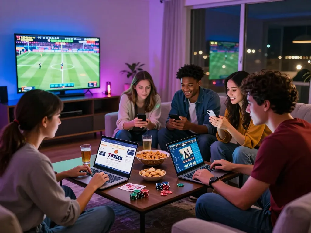 Friends enjoying a gaming night using the 79KING platform for online betting.