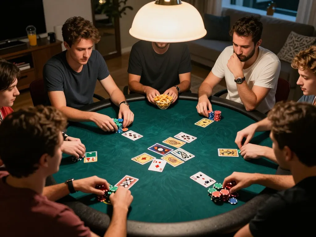 Engaged poker players enjoying a fun home game of gajah toto, showcasing vibrant community cards and colorful chips