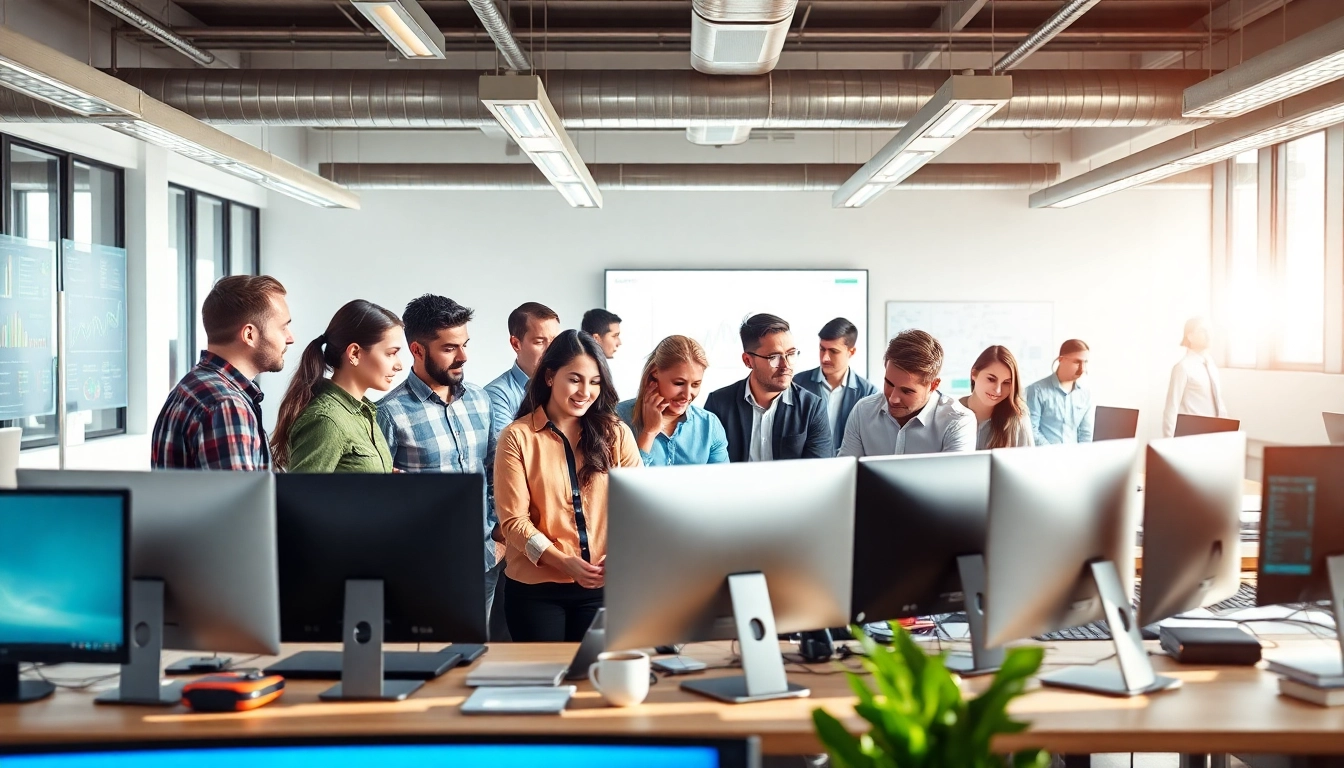 IT support services professionals collaborating in a vibrant office setting.