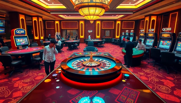 Players experience the excitement of gambling at QQ88 casino tables, showcasing vibrant chips and roulette wheels.