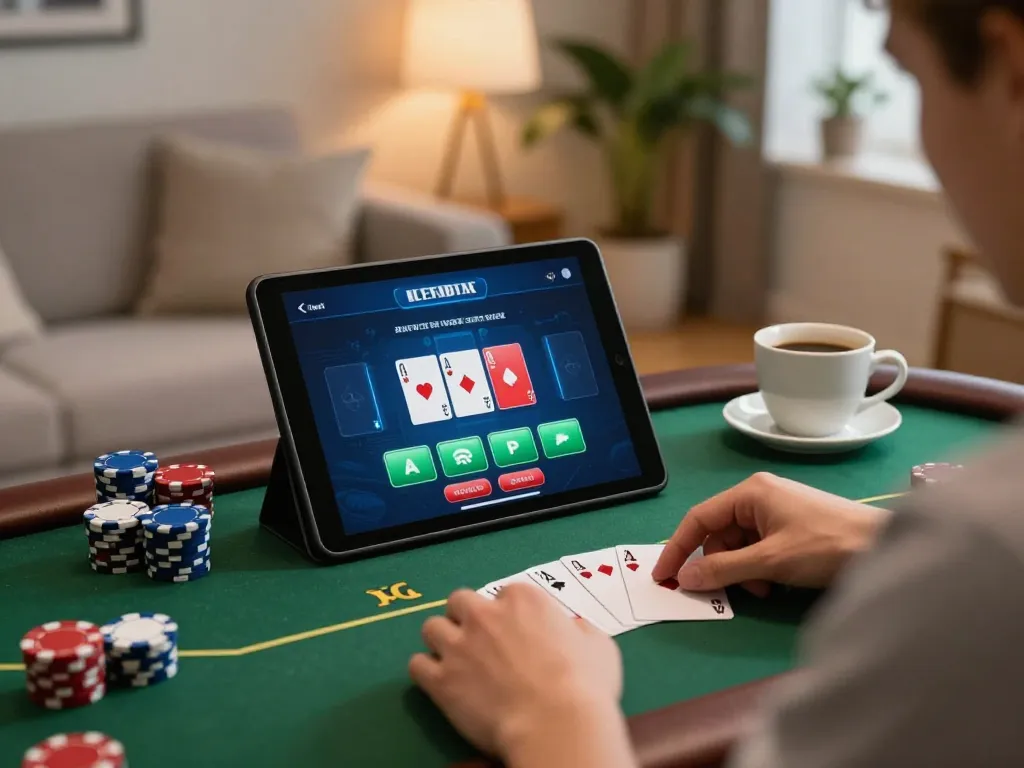 Engaged player at home enjoying betbet online poker game on tablet with warm ambiance.