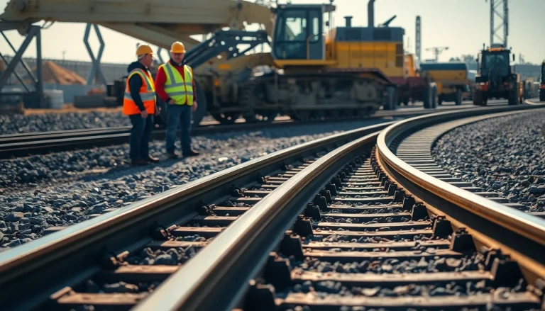 Railroad Track Construction Company workers collaborating in a vibrant construction scene.