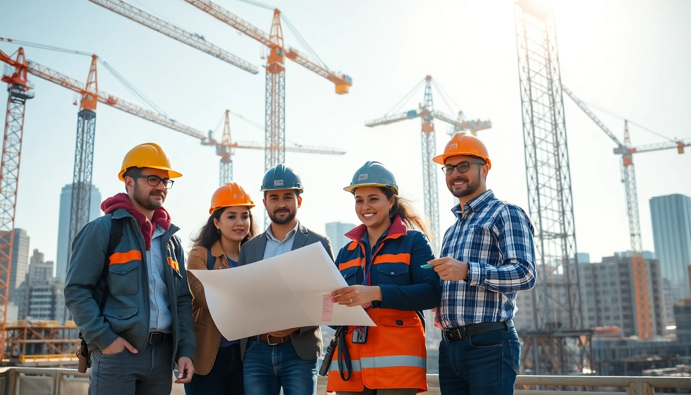Construction association professionals collaborating on-site in an urban environment, showcasing teamwork.