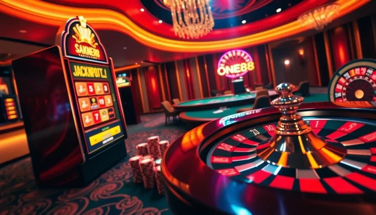 ONE88 casino scene showcasing a modern slot machine, poker table, and roulette wheel.