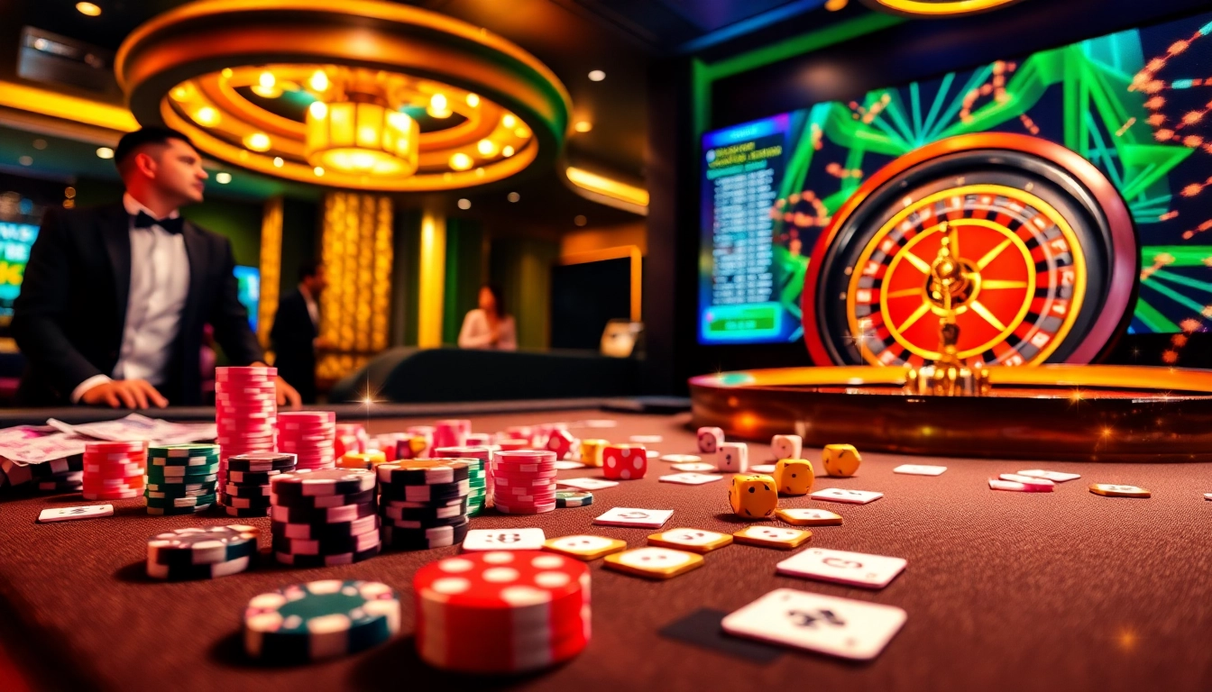 Exciting gambling action at 13win casino with poker chips and roulette wheel.
