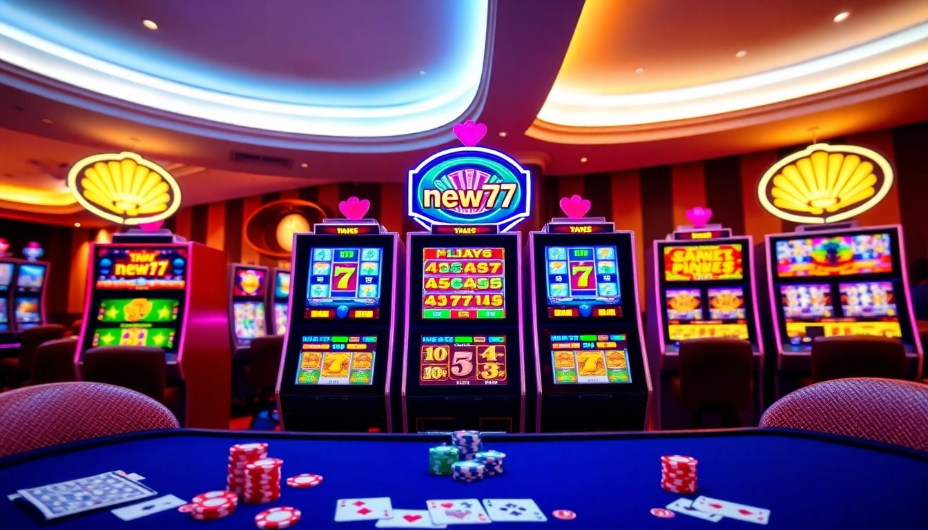 Spin the reels on the new77 slot in a vibrant casino, featuring modern machines and winning vibes.