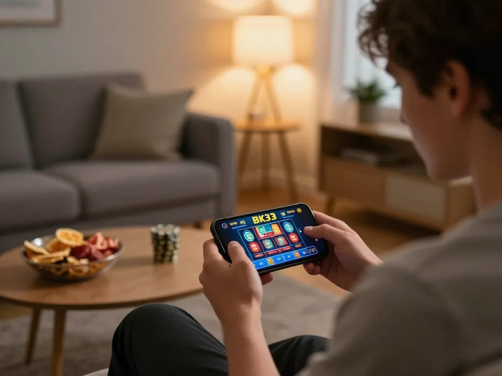 Engaged player enjoying dynamic BK33 mobile gaming experience in a cozy living room.