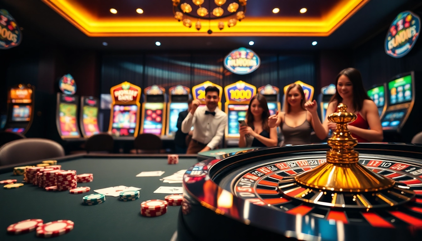 Xoso66 players enjoying an exciting game at a luxurious casino table with colorful chips and cards.