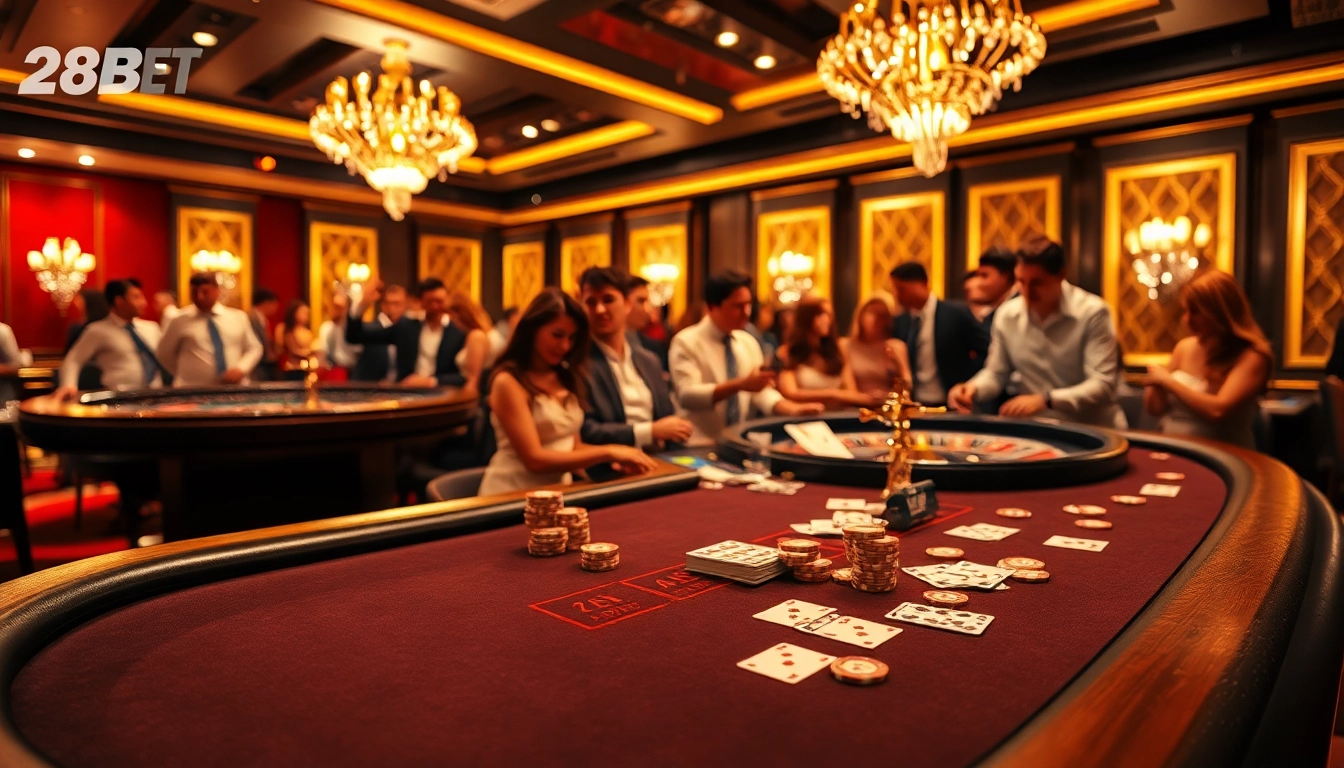 Experience the thrill of gaming at 28BET with vibrant casino tables and excited players.