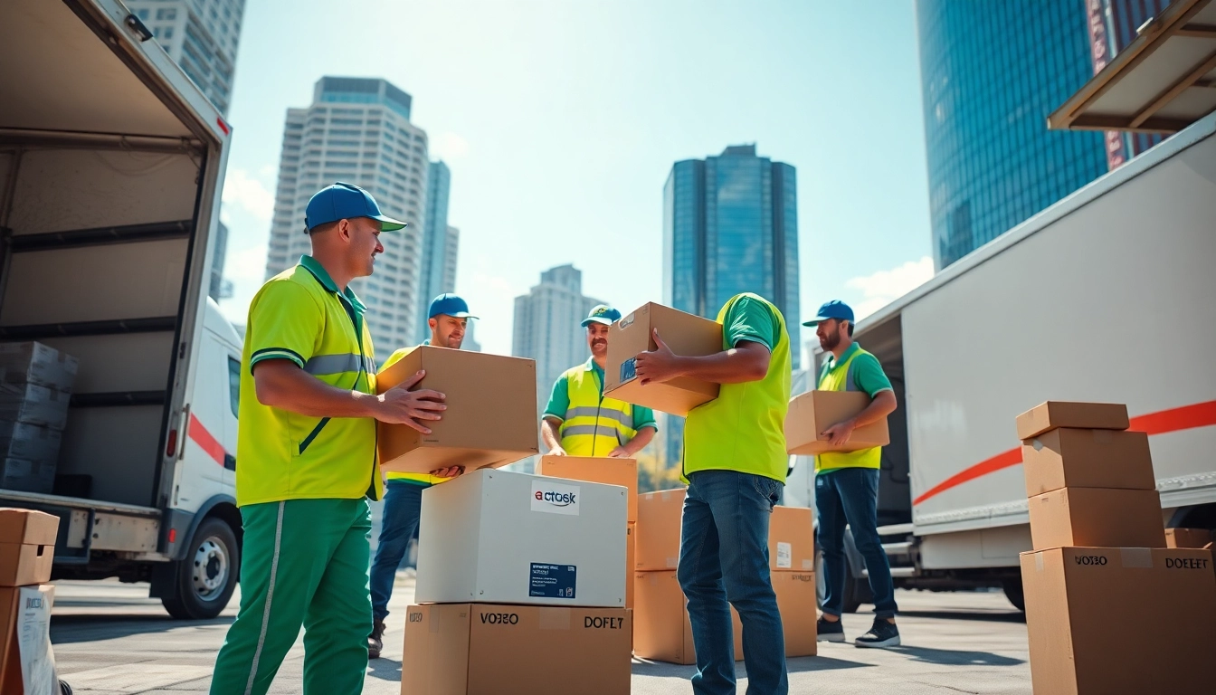 Movers from moving companies edmonton efficiently loading boxes in a vibrant urban environment.