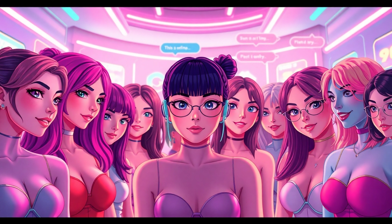 NSFW AI avatars in a vibrant setting, showcasing diverse characters in a digital chat space.