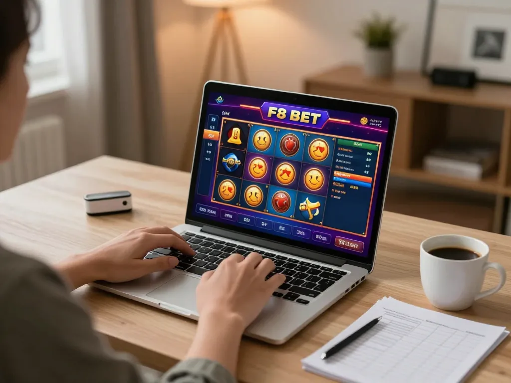 Player engaging with F8 BET online casino slots at home desk, showcasing modern gaming setup.