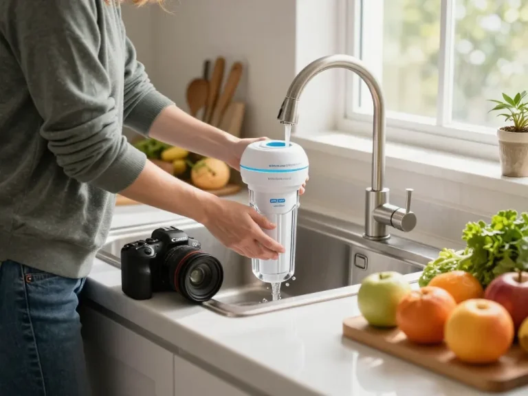 Installing Waterdrop Plus DA29-00020B NSF 401 Certified Water Filter in a bright kitchen for clean water.