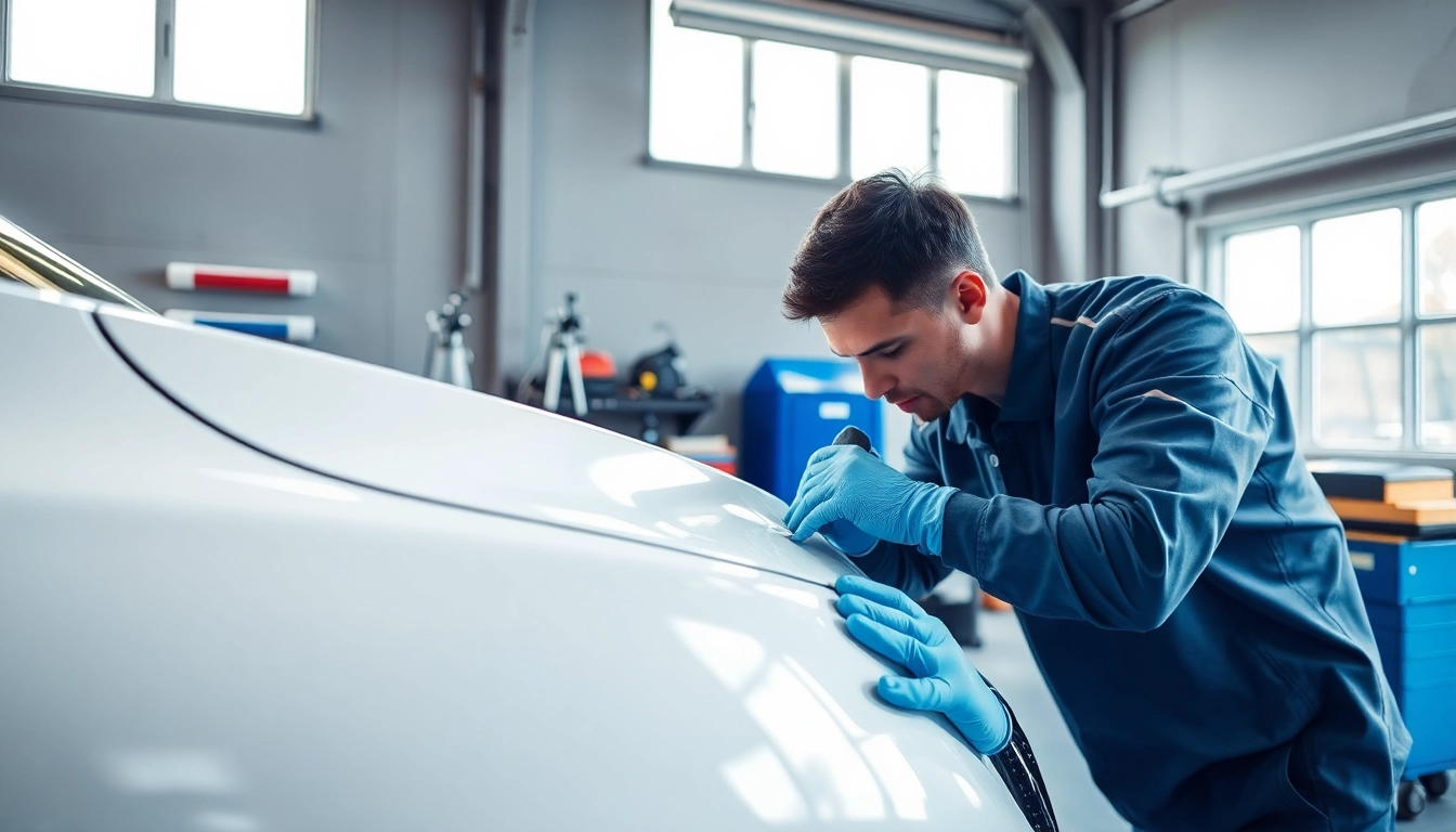 ScuffDoc technician repairing a car bumper in a professional workshop setting.