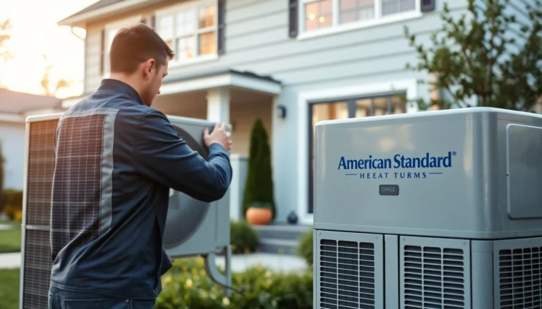 Technician installing american standard heat pumps in a modern home setting.