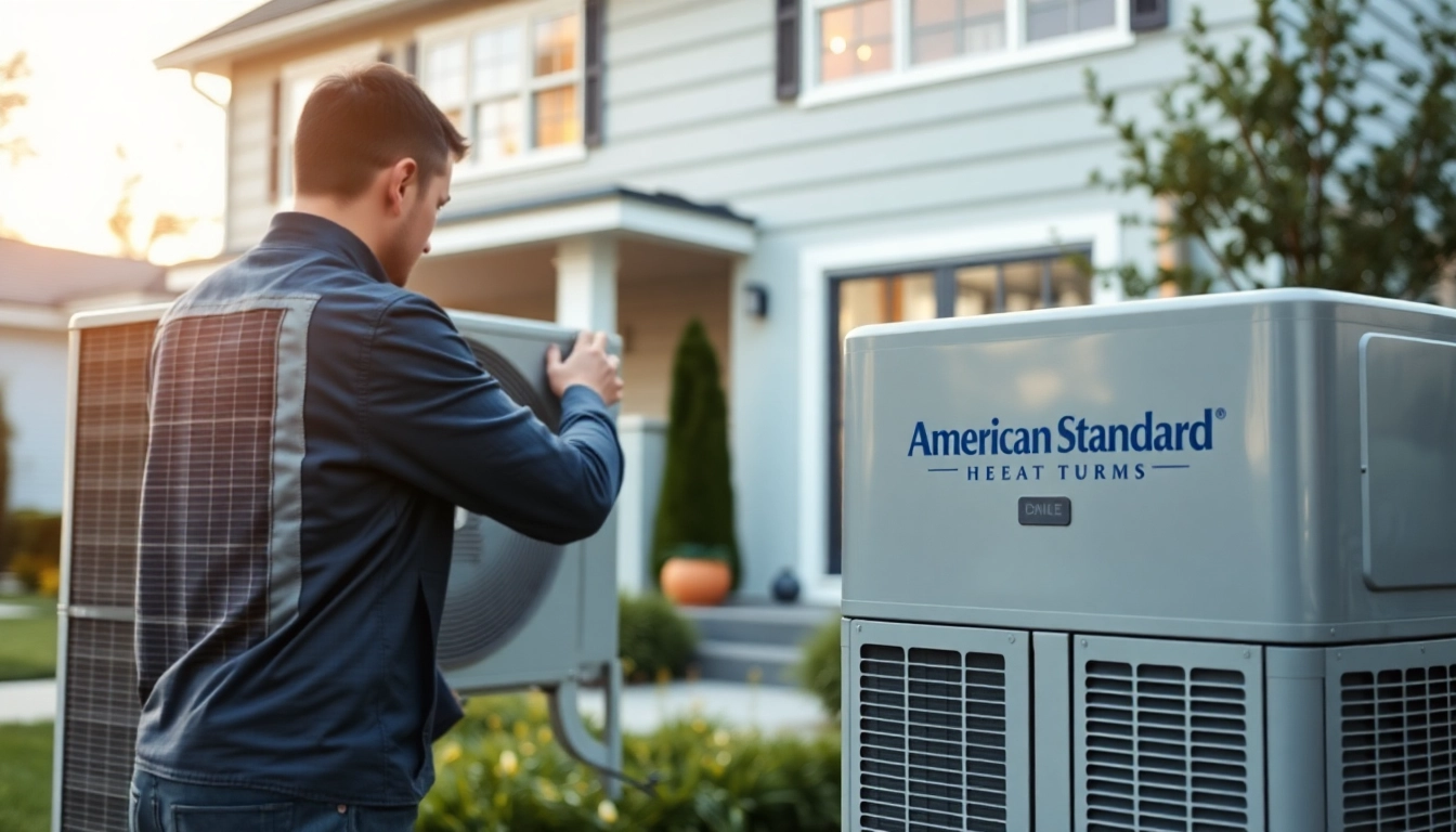 Technician installing american standard heat pumps in a modern home setting.