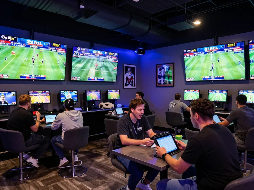 Patrons engaging with 28bet sports betting platform in a lively lounge during game day.