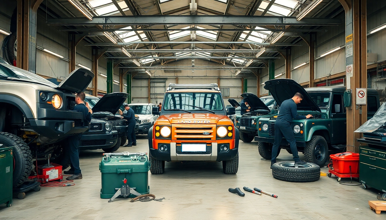 Kinghams Land Rover repair workshop with skilled technicians at work on vehicles.