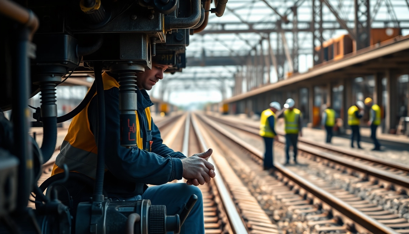 Emergency Railroad Repair technician fixing tracks, emphasizing teamwork and safety in a railway yard.