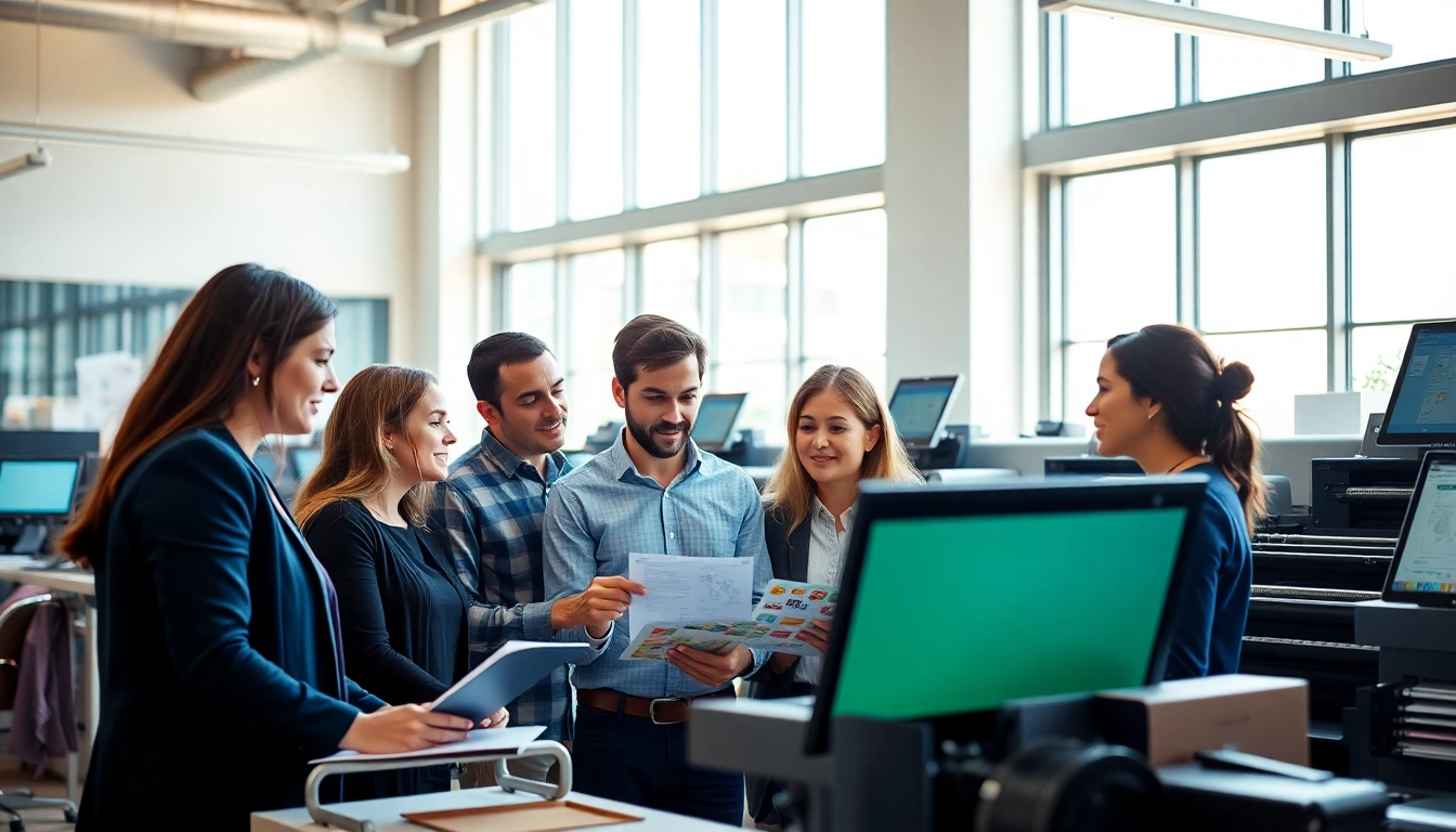 Engaged team at a direct mail company collaborating on creative projects with high-tech equipment.