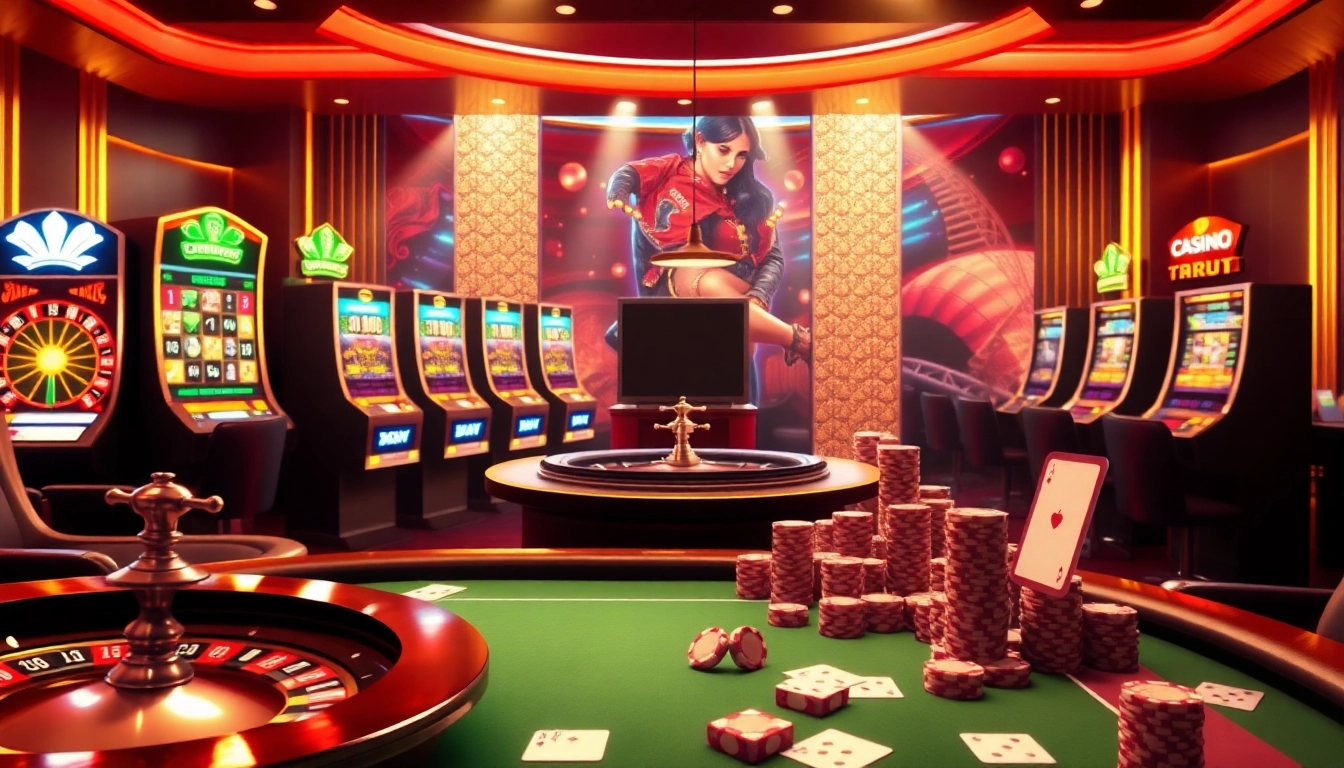 Découvrez le frisson du casino en ligne avec des machines à sous vibrantes et une table de poker luxueuse.