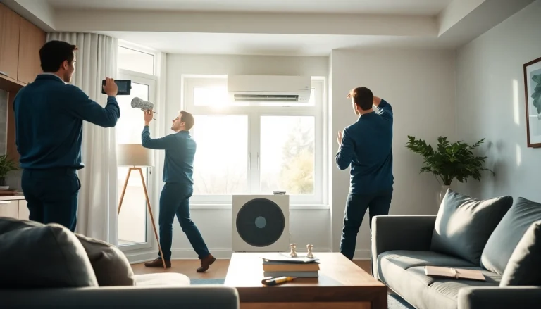 Technicians installing energy-efficient HVAC systems in a sunny home setting.