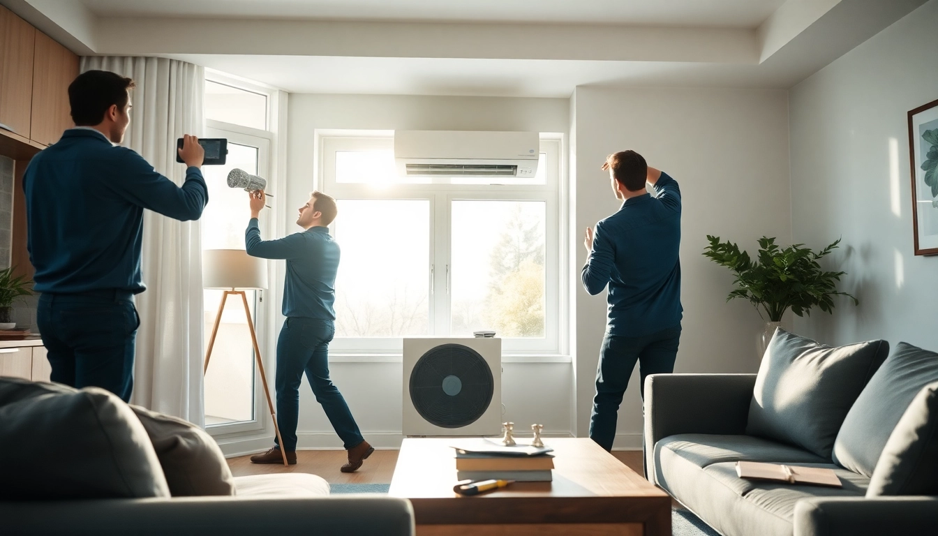 Technicians installing energy-efficient HVAC systems in a sunny home setting.