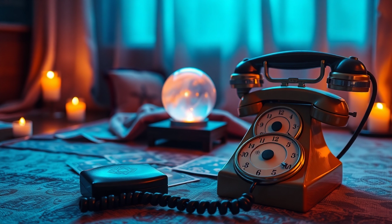 クリスタルボール、タロットカード、ヴィンテージフォンを備えた静かな占いセッティングで、電話占い 当たるの本質を体験してください。