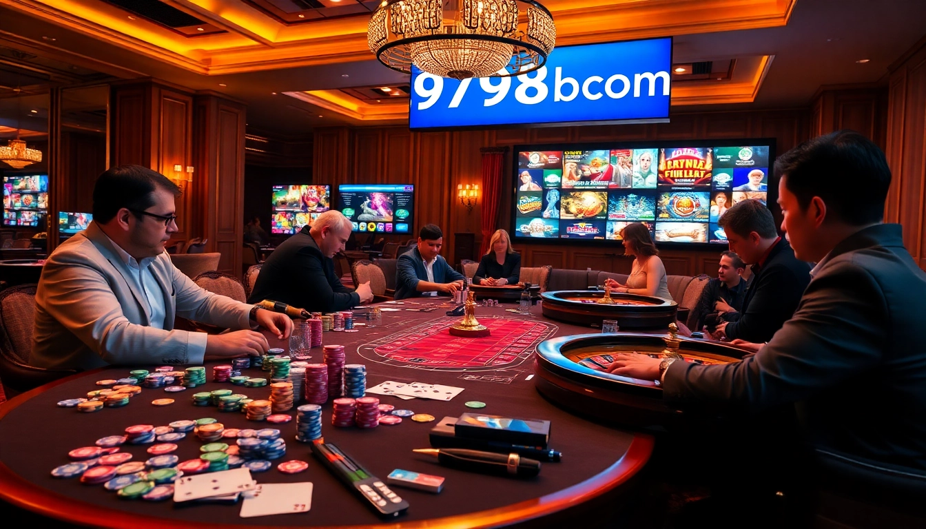 A thrilling scene of high-stakes gambling at https://9789bet.com/, showcasing vibrant chips, cards, and a roulette wheel.