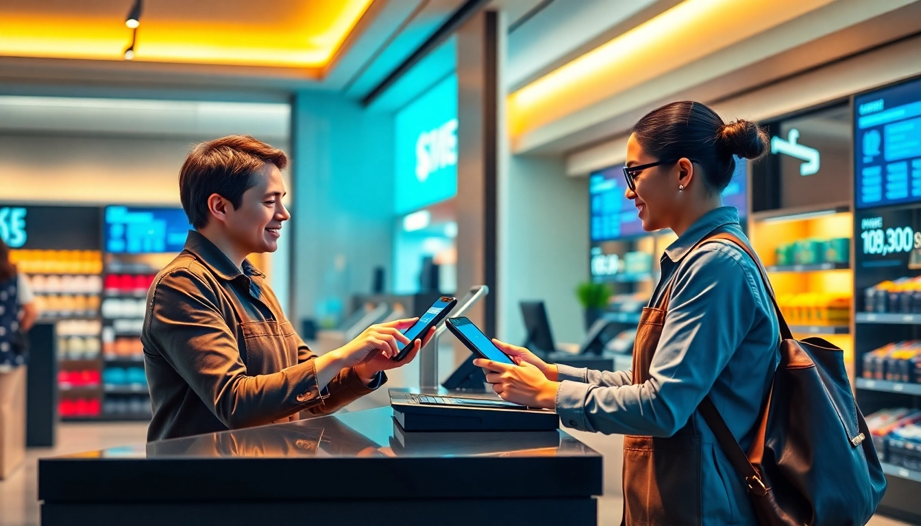 現代の小売環境で、レジ係がキャッシュレス決済を用いて顧客をサポートしている様子。キャッシュレス決済技術を紹介。
