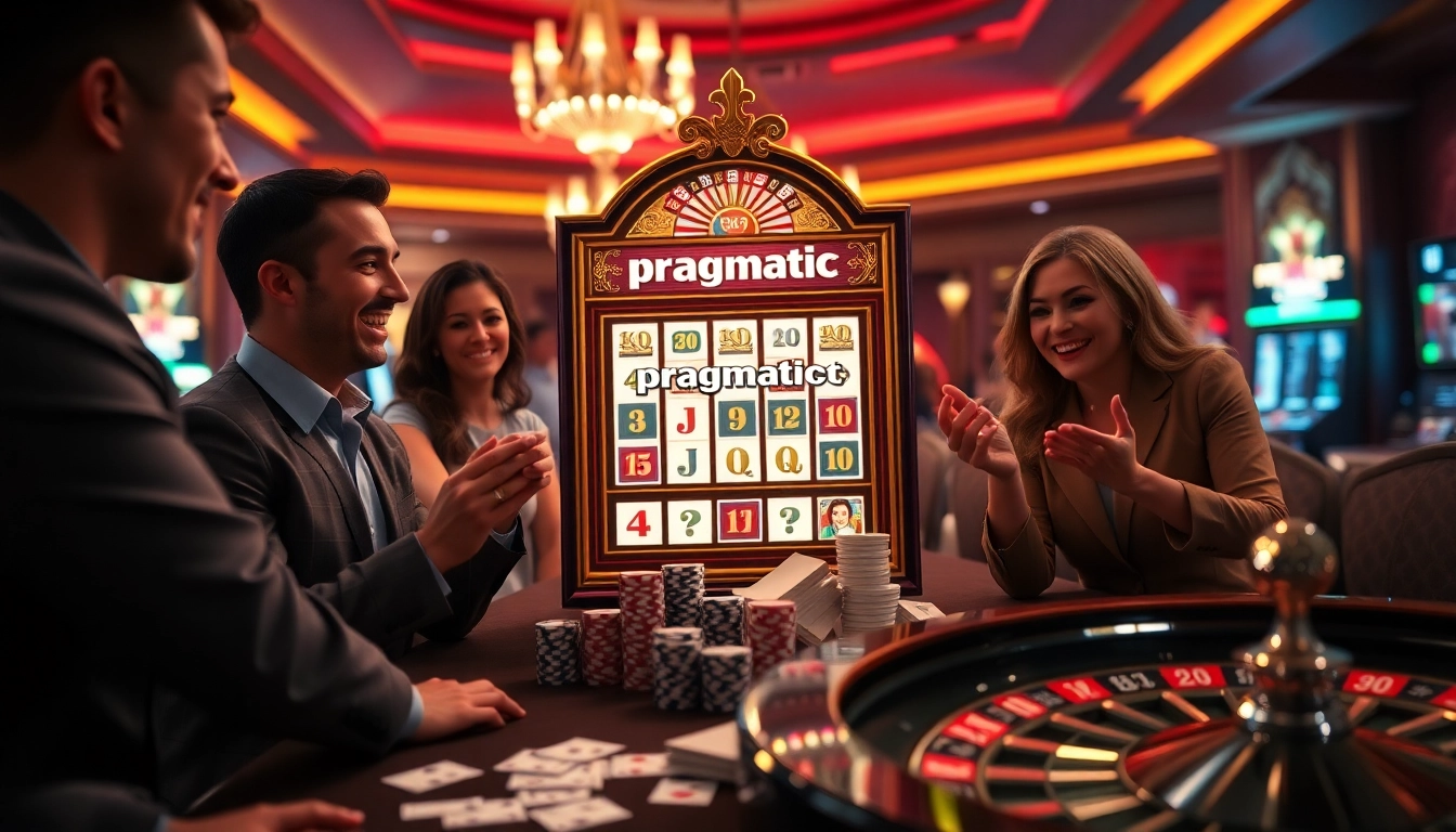 Engaged players exploring a pragmatic slot machine in a lively casino atmosphere.
