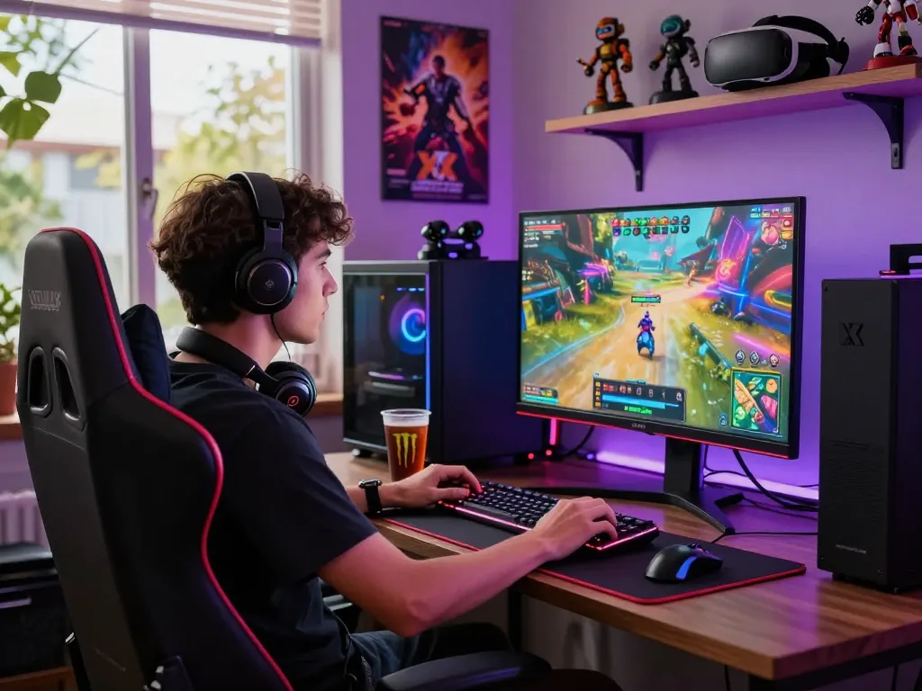 Player immersed in xxx games on a vibrant gaming setup with RGB lighting.