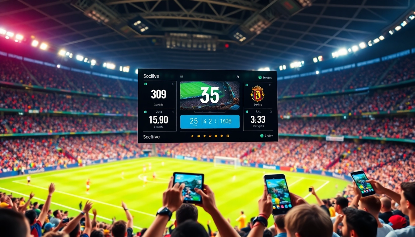 Socolive live soccer streaming featuring vibrant stadium atmosphere and interactive digital experience.