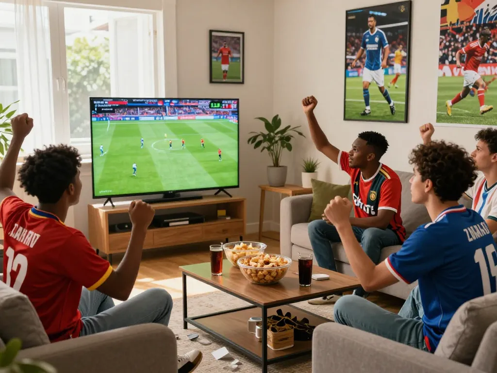 CakhiaTV football fans enjoying a live match in a vibrant living room setting, showcasing community spirit and excitement.