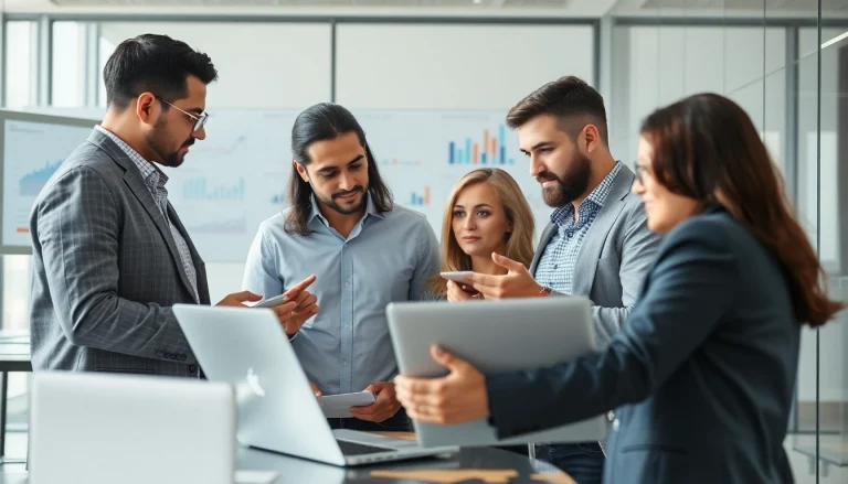 Analyze b2b competitive intelligence data with professionals interacting in a modern office.