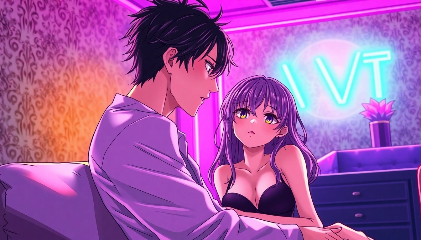 デスアクメ摩天楼のネオンが灯るホテルの部屋での親密な瞬間を描く、魅力的な場面。