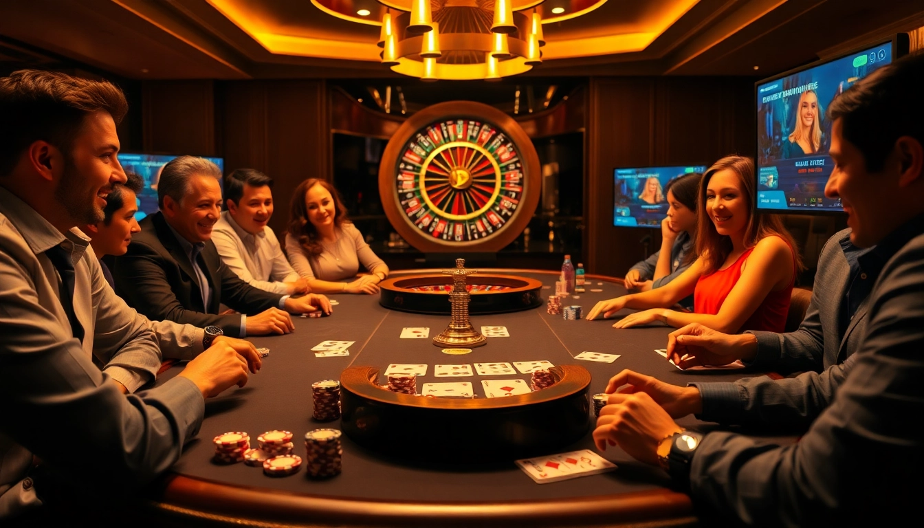 Hitclub poker players at an upscale casino with vibrant poker chips and cards.