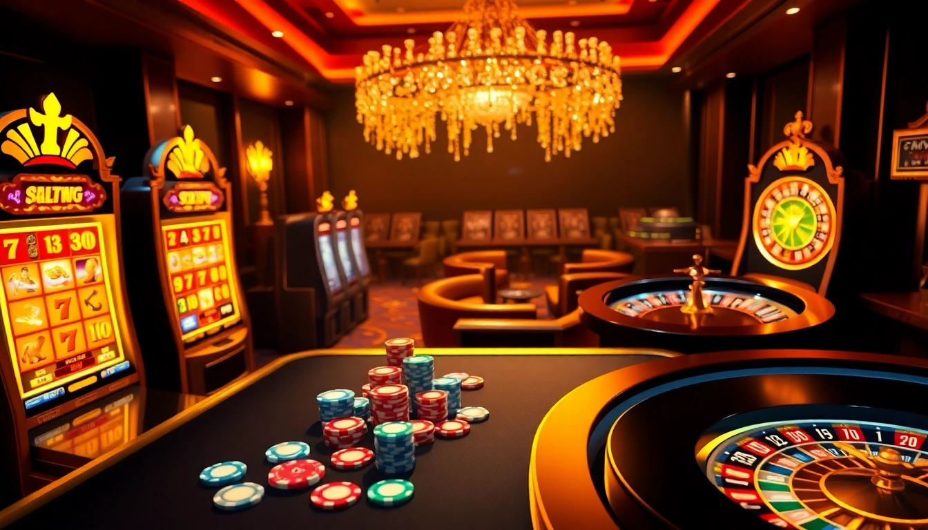 Engaging players at the jamuslot online casino with vibrant slot machines and poker chips.