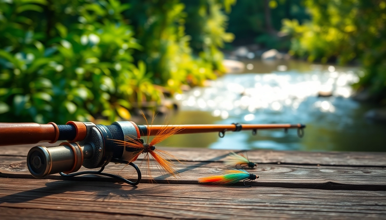 Shop unique fly fishing gifts including rods, lures, and accessories on a rustic wooden table.