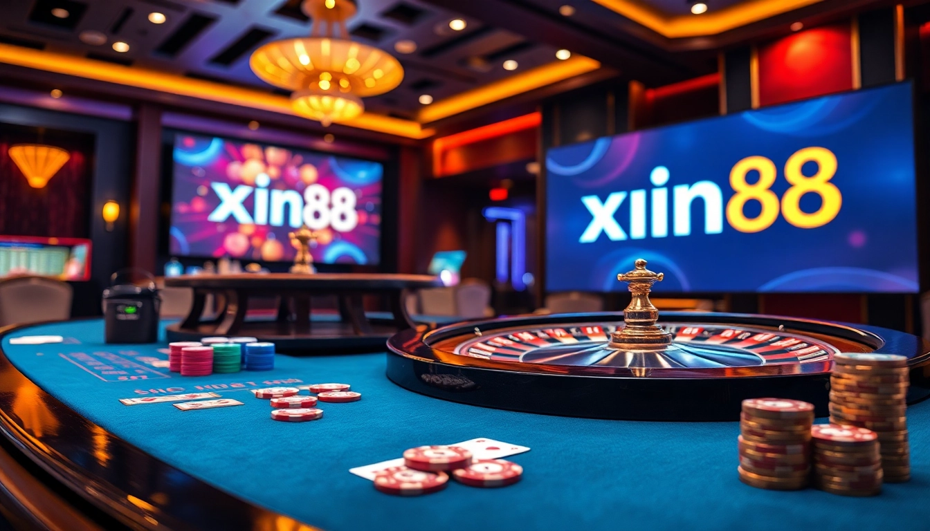 Engage with classic casino excitement at xin88 featuring poker chips and vibrant roulette wheels.